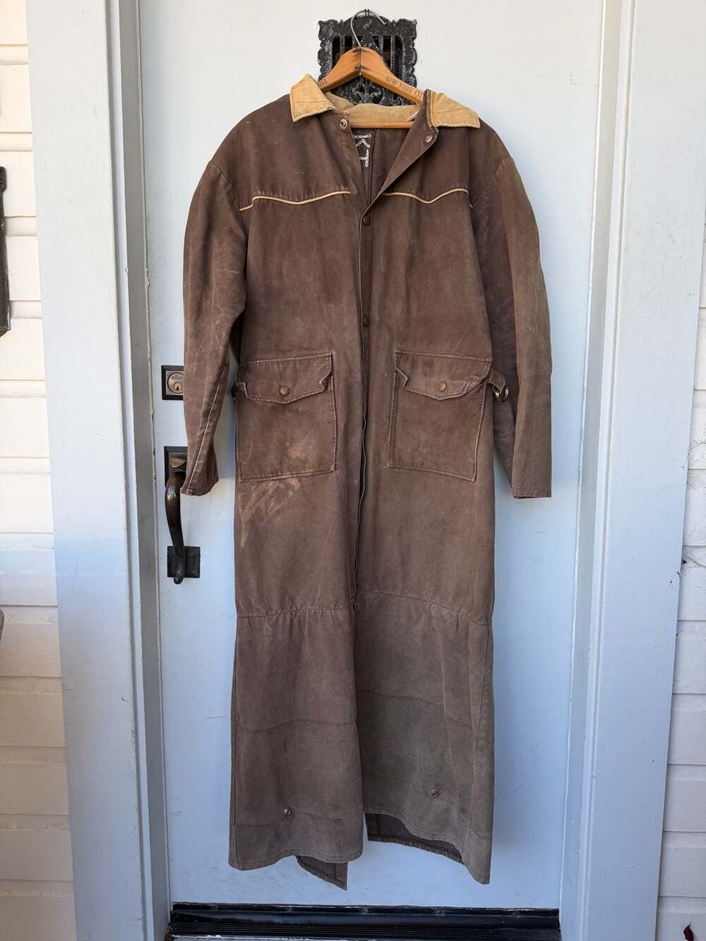 Vintage Australian Style Waxed Canvas Duster Coat with Corduroy Collar
